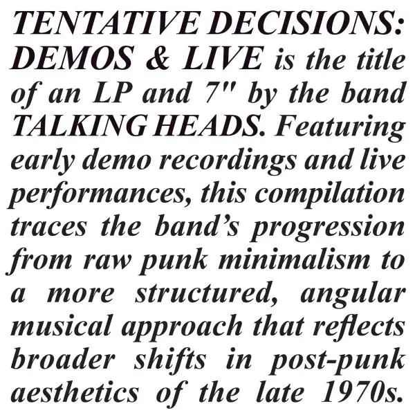 Talking Heads – Tentative Decisions: Demos & Live